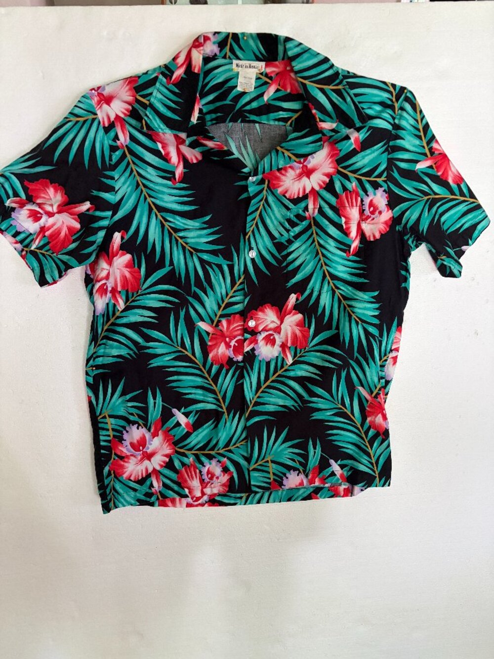 Vintage 1980's Made in Hawaii Aloha Shirt-Black w/red hibiscus & teal palm frond